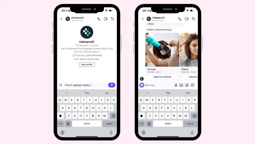 Odabir usluge za automatsko zakazivanje preko Instagram DM-a