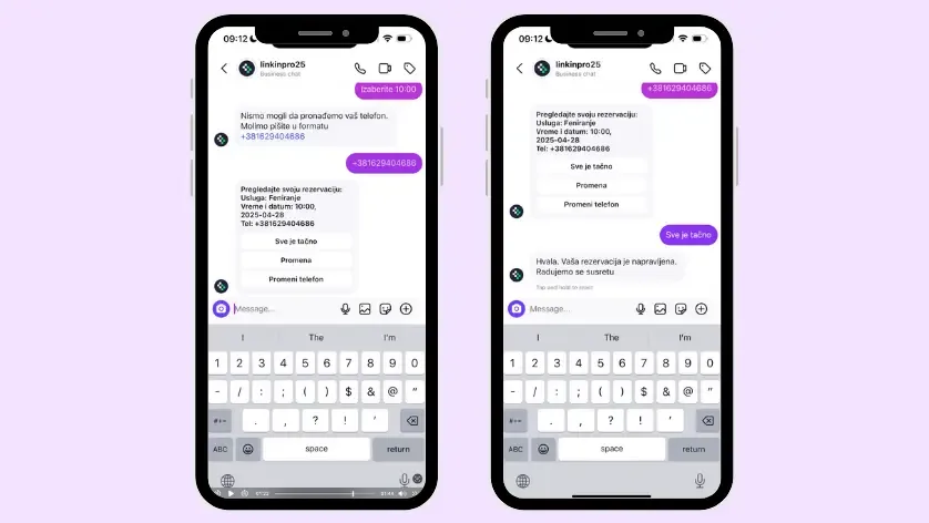 Potvrda uspešnog zakazivanja termina u Instagram DM-u
